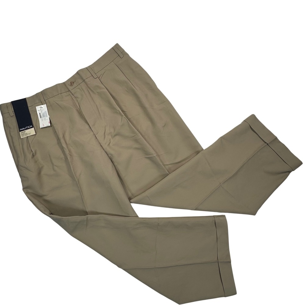 Nautica Mens 42x30 Classic Fit Bedford Cord Pleated Cuffed Khaki Pants Tan NEW